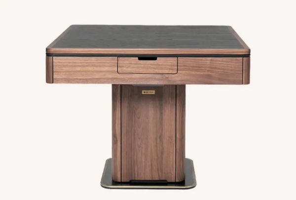 Black walnut automatic mahjong table, 1010 x 1010 x 800 mm, with pedestal base and brass-colour plinth